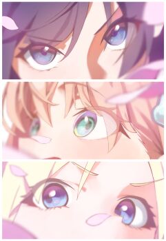 3girls absurdres aqua_eyes blonde_hair blue_eyes blue_hair border column_lineup commentary_request eye_focus eyes_visible_through_hair falling_petals hasu_no_sanrenka highres hinoshita_kaho link!_like!_love_live! looking_at_viewer looking_up love_live! multiple_girls murano_sayaka open_mouth orange_hair osawa_rurino petal_on_nose petals pink_hair pink_petals sunkeun v-shaped_eyebrows virtual_youtuber white_border