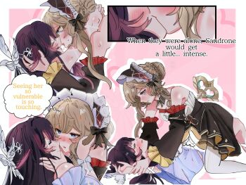 2girls azzuwu bare_shoulders black_dress black_hair blue_eyes blush bonnet brown_hair closed_eyes closed_mouth columbina_(genshin_impact) commentary detached_sleeves dress english_commentary english_text french_kiss genshin_impact hand_in_another's_hair hand_on_another's_face highres holding_another's_wrist kiss multiple_girls parted_lips pink_background purple_streaks saliva sandrone_(genshin_impact) speech_bubble thighhighs thought_bubble tongue tongue_out white_thighhighs winding_key yuri