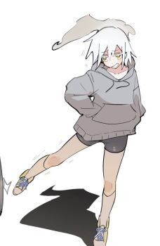 1girl black_shorts grey_hoodie hoodie kicking konro_kon original shorts standing white_hair