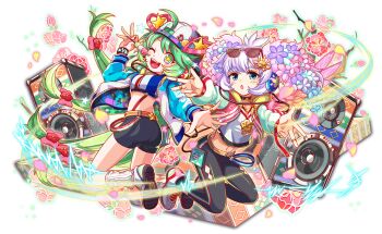 2girls alternate_hair_color ankle_socks aqua_flower aqua_sleeves artist_request backwards_hat baseball_cap black_choker black_pants black_shorts black_socks blush bow cel_shading chain character_name choker crash_fever crop_top cropped_jacket dango double_vertical_stripe english_text eyewear_on_head fangs flower food full-length_zipper full_body game_cg gold_chain gold_necklace gradient_hair green_hair green_sleeves hair_bow hair_flower hair_ornament happy_(crash_fever) hat hat_ornament headphones heart heart_hat_ornament hood hooded_jacket jacket jewelry leggings long_hair looking_at_viewer midriff multicolored_hair multicolored_jacket multiple_girls navel necklace o-ring o-ring_choker official_alternate_hair_color official_art one_eye_closed open_clothes open_jacket open_mouth outline outstretched_arms pants pink_bow pink_flower pink_hair pink_petals purple_flower purple_hair red_outline ring sanshoku_dango shirt shoes shorts single_horizontal_stripe sleeve_cuffs smiley_hat_ornament sneakers socks speaker square square_print star_(symbol) star_in_eye star_ornament streetwear striped_clothes striped_jacket striped_pants sunglasses suspender_shorts suspenders symbol_in_eye tachi-e tongue transparent_background tube_socks twisted_torso two-tone_jacket vertical-striped_clothes vertical-striped_jacket vertical-striped_pants vertical-striped_sleeves very_long_hair wagashi white_footwear white_shirt white_socks yellow_hood yoshino_(crash_fever) zipper zipper_pull_tab