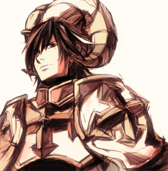 Rule 34 | 1boy, arisumi, armor, black hair, breastplate, brown eyes, brown horns, closed mouth, commentary request, cross, curled horns, eyes visible through hair, fake horns, frown, hair over one eye, horns, looking at viewer, lord knight (ragnarok online), male focus, mole, mole under eye, pauldrons, ragnarok online, short hair, shoulder armor, simple background, solo, upper body, white background