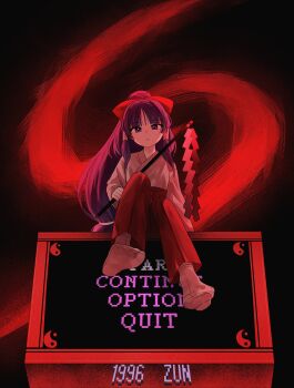 1996 1girl absurdres blunt_bangs bow commentary_request full_body gohei hair_bow hair_tubes hakurei_reimu hakurei_reimu_(pc-98) highly_responsive_to_prayers highres holding holding_gohei long_hair long_sleeves looking_at_viewer parted_lips ponytail purple_eyes purple_hair red_background red_theme sidelocks sitting socks solo soooooook2 touhou touhou_(pc-98) user_interface white_background white_socks yin_yang