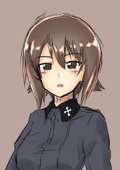 Rule 34 | 1girl, black collar, breasts, brown background, brown eyes, brown hair, collar, cross, dress shirt, eyes visible through hair, girls und panzer, grey shirt, hair between eyes, highres, iron cross, ken hayasaka, kuromorimine school uniform, large breasts, nishizumi maho, open mouth, parted lips, school uniform, shirt, short hair, solo, surprised, upper body, wing collar