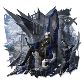 1boy absurdres animal_ears arknights bird black_gloves black_pants black_shoes cane cloud crossed_legs full_body gloves grey_eyes grey_hair highres holding holding_cane jacket long_sleeves looking_at_viewer male_focus necktie official_alternate_costume official_art pants ryuuzaki_ichi shirt shoes short_hair silverash_(arknights) silverash_(never-melting_ice)_(arknights) sitting sky snow_leopard_boy snow_leopard_ears snow_leopard_tail solo stairs tail tenzin_(arknights) throne transparent_background