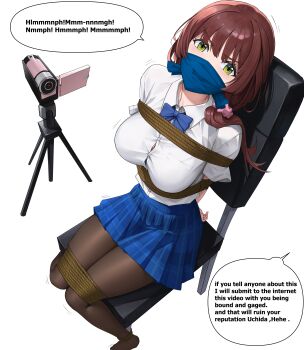 1girl absurdres bdsm black_pantyhose blue_skirt bound breasts brown_hair chair chitose-kun_wa_ramune_bin_no_naka cloth_gag commission english_text gag gagged glaring green_eyes highres improvised_gag iqbqlz kidnapped large_breasts looking_at_viewer over_the_nose_gag pantyhose restrained shirt simple_background sitting skirt speech_bubble tied_to_chair uchida_yua white_background white_shirt