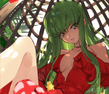 1girl bare_shoulders breasts c.c. cleavage clothing_cutout code_geass creayus day dress green_hair hair_between_eyes hanging_chair knees_up long_hair looking_at_viewer medium_breasts off_shoulder open_mouth plant red_dress shoulder_blades solo spaghetti_strap straight_hair very_long_hair yellow_eyes