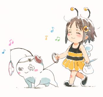 1boy 1girl all_fours antennae artist_self-insert bee_costume brown_hair closed_eyes gomennasai leash musical_note original panties unworn_panties short_hair underwear white_background zangyaku-san