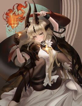 1girl abstract_background absurdres arknights arms_up black_gloves black_horns blonde_hair blush bodystocking brown_pantyhose chromatic_aberration closed_mouth commentary_request diffraction_spikes dress fire flower foot_out_of_frame gloves green_eyes hair_flower hair_ornament halter_dress halterneck heyker_kun highres horns infection_monitor_(arknights) knees_up long_hair looking_at_viewer magic off_shoulder official_alternate_costume pantyhose pyrokinesis reed_(arknights) reed_the_flame_shadow_(arknights) see-through_clothes short_dress single_glove sitting smile solo sparkle thigh_strap white_dress white_flower