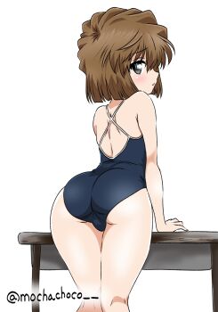 Rule 34 | 1girl, ass, back, bare arms, black one-piece swimsuit, blunt ends, blush, brown hair, commentary request, desk, green eyes, haibara ai, hair between eyes, highres, looking at viewer, looking back, meitantei conan, mochachoco, one-piece swimsuit, parted lips, school desk, school swimsuit, short hair, shoulder blades, simple background, solo, standing, swimsuit, thighs, trefoil, twitter username, white background