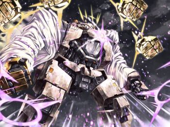 aura brown_armor clenched_hand commentary cosplay crown_(nikke) crown_(nikke)_(cosplay) disembodied_hand english_commentary glowing goddess_of_victory:_nikke highres li_han mecha no_humans open_clothes open_robe robe robot tagme talos_(nikke) white_robe