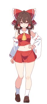 1girl absurdres ascot blush bow brown_hair brown_shoes commentary_request detached_sleeves frilled_bow frilled_hair_tubes frills full_body hair_bow hair_tubes hakurei_reimu hand_on_own_hip highres korra_down large_variant_set loafers long_hair looking_at_viewer midriff miniskirt navel red_bow red_eyes red_skirt ribbon-trimmed_sleeves ribbon_trim shoes skirt skirt_set smile socks solo tachi-e touhou transparent_background variant_set white_socks yellow_ascot