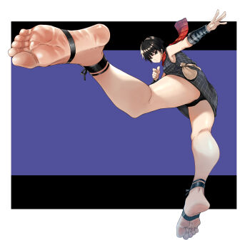 Rule 34 | 1girl, ankleband, bare legs, barefoot, black hair, blue kimono, commentary request, commission, eiji (eiji), feet, foot strap, highres, japanese clothes, kicking, kimono, legs, ninja, pixiv commission, pouch, red scarf, rin (tenchuu), scarf, short hair, sleeveless, sleeveless kimono, soles, tenchuu, thighs, toes, wrist guards