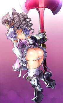 1girl armor armored_dress ass axe boots double_bladed_axe dress drill_hair dwarf female_focus flat_chest iron_princess_ymir loli panties panty_pull pantyshot pointy_ears purple_background purple_theme queen&#039;s_blade side-tie_panties skj solo underwear weapon white_hair white_panties ymir_(queen&#039;s_blade)