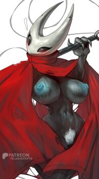 ! 1girl absurdres arthropod_girl artist_name black_skin blue_nipples blush blushed_arts breasts cloak colored_nipples colored_pussy colored_skin commentary cowboy_shot english_commentary female_pubic_hair highres holding holding_weapon hollow_knight hornet_(hollow_knight) large_breasts nail_(hollow_knight) naked_cloak narrow_waist navel nipples open_cloak open_clothes patreon_username pubic_hair pussy red_cloak simple_background solo torn_cloak torn_clothes weapon wet white_background white_pubic_hair