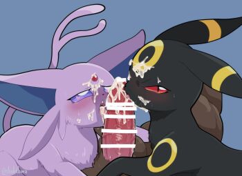 1boy animal_penis animal_sexualization artist_name awabuta bar_censor bestiality black_eyes blue_background blush body_fur brown_fur censored colored_sclera completely_nude cooperative_fellatio cum cum_in_mouth cum_on_body cum_on_tongue erection espeon facial facial_mark fangs fellatio forehead_mark forked_tail furry furry_male gen_2_pokemon half-closed_eyes heart heart_in_eye licking licking_penis looking_at_viewer nintendo nose_blush nude oral penis pokemon pokemon_(creature) purple_eyes red_sclera signature simple_background sweat symbol_in_eye tail teamwork_(sexual) teeth testicles tongue tongue_out twitter_username umbreon veins veiny_penis