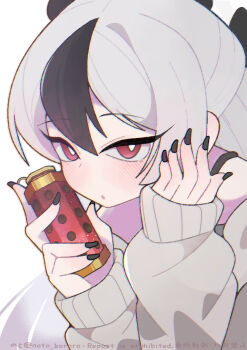 artist_name black_nails black_streaks blue_archive blush commentary_request fingernails grey_sweater hands_up holding holding_weapon kayoko_(blue_archive) kayoko_(dress)_(blue_archive) long_fingernails long_hair long_sleeves looking_at_viewer multicolored_hair noto_(user_dajk3722) open_mouth red_eyes shadow simple_background streaked_hair stun_grenade sweater upper_body watermark weapon white_background white_hair