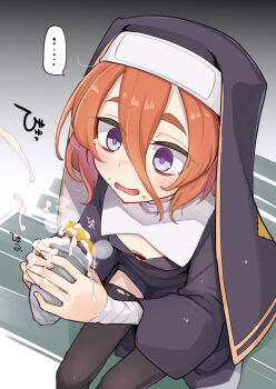 ... 1girl bandages black_thighhighs breasts charlotte_(ogami_kazuki) commentary_request food hair_between_eyes highres holding holding_food long_sleeves nun ogami_kazuki original purple_eyes sitting small_breasts solo spoken_ellipsis suggestive_fluid suggestive_fluid_on_food thighhighs