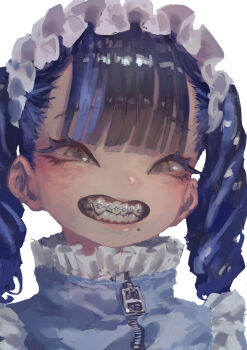1girl blue_hair braces drill_hair grin highres jersey_maid jonpei looking_at_viewer maid maid_headdress mole mole_under_mouth original smile solo teeth twin_drills unconventional_maid upper_body yellow_eyes