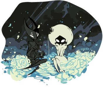 2girls arthropod_girl artist_name black_skin colored_skin empty_eyes extra_eyes flower full_body highres hollow_knight hollow_knight:_silksong horned_mask hornet_(hollow_knight) horns lace_(hollow_knight) mask multiple_girls nude sitritea sitting thread torn_clothes white_eyes white_flower