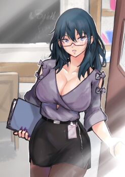 1girl artist_name belt belt_buckle binder black_belt black_skirt blue_hair bow breasts buckle female_byleth_(fire_emblem) chair chalkboard classroom cleavage closing_door collarbone desk door eyelashes eyeshadow fire_emblem fire_emblem:_three_houses glasses glint highres holding id_card large_breasts lips long_hair makeup nail_polish nintendo outline pantyhose parted_lips pencil_skirt pink_eyeshadow purple_nails purple_shirt semi-rimless_eyewear shirt shirt_tucked_in skirt solo teacher three-quarter_sleeves under-rim_eyewear vialnite white_outline