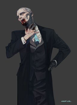 1boy black_gloves black_suit blood blood_from_mouth blood_on_hands blue_necktie collared_shirt ctkcave dress_pants ear_piercing formal_clothes gloves grey_background grey_vest hand_on_own_hip hand_on_own_neck male_focus necktie old old_man open_mouth original piercing shirt simple_background single_glove solo suit vest white_hair white_shirt yellow_eyes