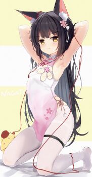 1girl absurdres animal_ear_fluff animal_ears armpits arms_behind_head azur_lane black_hair breasts character_name china_dress chinese_clothes chinese_commentary closed_mouth clothing_cutout commentary_request dress english_text feet flower flower_cutout fox_ears fox_girl hair_flower hair_ornament hamiro highres huge_filesize loli long_hair manjuu_(azur_lane) nagato_(azur_lane) nagato_(guardian_fox's_blessed_bonds)_(azur_lane) official_alternate_costume pantyhose pink_dress pout small_breasts solo straight_hair string string_of_fate thigh_strap thighband_pantyhose toes wavy_mouth white_pantyhose yellow_eyes