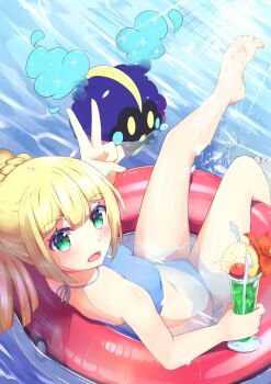 1girl afloat bare_arms bare_legs barefoot berry bikini blonde_hair blue_bikini blush commentary_request cosmog drinking_straw flower gen_7_pokemon green_eyes highres holding huziiro_matutya innertube legendary_pokemon lillie_(pokemon) liquid long_hair nintendo open_mouth poke_ball_print pokemon pokemon_(creature) pokemon_sm ponytail smile swim_ring swimsuit toes tongue v water