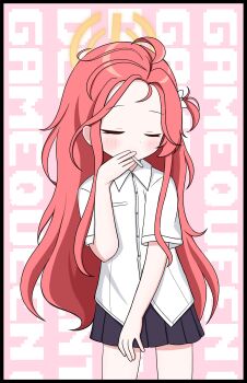 1girl absurdres black_skirt blue_archive closed_eyes commentary cowboy_shot halo highres iisa111111 long_hair miniskirt parody pink_background pleated_skirt red_hair school_uniform shirt short_sleeves simple_background skirt solo text_background white_shirt yellow_halo yuzu_(blue_archive) zako_(vocaloid)