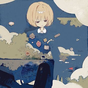 1girl artist_name blending blonde_hair blue_sweater collared_shirt highres ka_(996beshi) long_sleeves original outdoors shirt short_hair signature sky solo sweater water