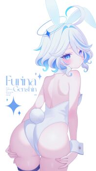 1girl absurdres ahoge alternate_costume animal_ears ass bare_shoulders blue_eyes blue_hair blush breasts character_name commentary copyright_name cowboy_shot detached_collar drop-shaped_pupils fake_animal_ears fake_tail from_behind fuminshou_(nekopan_art) furina_(genshin_impact) genshin_impact grabbing_own_ass hair_between_eyes heterochromia highres leotard looking_at_viewer looking_back mismatched_pupils multicolored_hair playboy_bunny rabbit_ears rabbit_tail short_hair small_breasts solo sparkle strapless strapless_leotard symbol-shaped_pupils tail thigh_gap thigh_strap white_background white_hair white_leotard wrist_cuffs