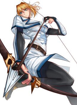 Rule 34 | 1girl, absurdres, archery, arrow (projectile), black gloves, black thighhighs, blonde hair, bob cut, bow (weapon), breasts, closed mouth, commentary, commission, drawing bow, english commentary, frown, gloves, green eyes, highres, holding, holding arrow, holding bow (weapon), holding weapon, large breasts, long sleeves, moren eh, original, partially fingerless gloves, partly fingerless gloves, short hair, simple background, solo, thighhighs, weapon, white background, yugake