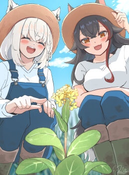Rule 34 | 2girls, :3, ^ ^, adjusting clothes, adjusting headwear, alternate costume, animal ear fluff, animal ears, black hair, blue overalls, blue pants, blue sky, blurry, blurry foreground, blush, boots, breasts, brown eyes, brown hat, closed eyes, cloud, commentary request, crossed bangs, double-parted bangs, earrings, fang, flower, fox ears, fox girl, from below, gardening, green boots, hat, highres, hololive, jewelry, long hair, long sleeves, medium breasts, medium hair, mia960, multicolored hair, multiple girls, ookami mio, open mouth, overalls, pale skin, pants, pointing, rapeseed blossoms, red hair, shirakami fubuki, shirt, short sleeves, signature, single earring, skin fang, sky, smile, squatting, streaked hair, tail, teeth, upper teeth only, virtual youtuber, white hair, white shirt, wolf ears, wolf girl, wolf tail