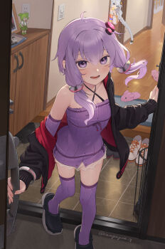 2girls a.i._voice ahoge animal_slippers black_jacket blue_eyes blush collarbone commentary_request crocs door_handle dress food_in_mouth grey_hair hair_between_eyes halter_dress halterneck highres hood hooded_jacket jacket kanpa_(campagne_9) kizuna_akari long_sleeves looking_at_viewer multiple_girls open_clothes open_door open_jacket open_mouth peeking_out pink_slippers purple_dress purple_eyes purple_hair purple_thighhighs ribbed_dress shoes short_dress short_hair_with_long_locks single_bare_shoulder single_off_shoulder skindentation slippers thighhighs thighs voiceroid white_shoes yuzuki_yukari zundamon