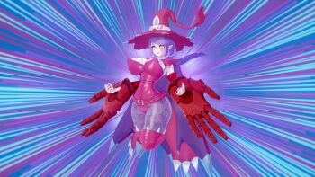 1girl 3d appmon artist_request belt boots breasts cape claws cleavage coat curvy demon_girl digimon digimon_universe:_appli_monsters facial_tattoo hat highleg highleg_leotard highres large_breasts leotard looking_at_viewer medium_hair monster_girl naughty_face pointy_ears shiny_skin simple_background skin_tight smile solo symbol-shaped_pupils tattoo thong warudamon witch_hat yellow_eyes