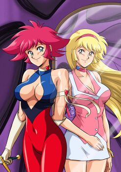Rule 34 | 1990s (style), 2girls, armband, arms behind back, blonde hair, bodysuit, breasts, brown eyes, choker, cleavage, cleavage cutout, clothing cutout, cutie honey, cutie honey (character), dual persona, earrings, gloves, green eyes, hair ornament, heart, heart choker, highres, impossible clothes, jewelry, kisaragi honey, kurumi-lover, long hair, looking at viewer, medium breasts, miniskirt, multiple girls, nagai gou, navel, red eyes, red hair, retro artstyle, shin cutie honey, shiny clothes, shiny skin, short hair, skirt, smile, sword, toei company, tomboy, vest, watermark, weapon