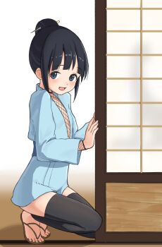 1girl black_hair black_thighhighs blue_eyes blue_kimono brown_sandals feet fishnet_top fishnets hair_bun highres japanese_clothes kimono kneeling kunoichi_tsubaki_no_mune_no_uchi loli long_hair looking_at_viewer mokuren_(kunoichi_tsubaki_no_mune_no_uchi) open_mouth sandals shin_(shincrz) short_kimono single_hair_bun sliding_doors smile solo thighhighs thighs toeless_legwear toes