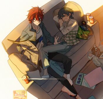 2boys aged_down amagi_rinne bag barefoot bishounen black_pants bloom can carton couch diorama ensemble_stars! from_above frown grey_hair grey_pants hair_between_eyes head_on_pillow holding holding_newspaper jacket jewelry long_sleeves lpp_evemace lying male_focus multiple_boys necklace newspaper official_alternate_costume on_couch open_clothes open_jacket packet pants partially_unbuttoned pillow plastic_bag red_hair shiina_niki shiina_niki_(casual_past) shirt short_hair sleeping socks straddling thigh_straddling trash white_shirt white_socks