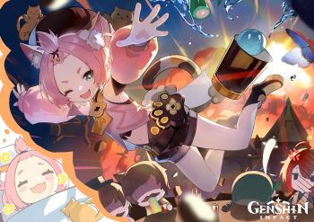 1girl 4boys ahoge anger_vein animal_ear_fluff animal_ears artist_request black_hat black_shorts boots bug butterfly cat cat_ears cat_girl cat_tail closed_eyes cocktail_shaker copyright_name cup detached_sleeves diluc_(genshin_impact) diona_(genshin_impact) dreaming drinking_glass explosion genshin_impact giving_up_the_ghost green_eyes green_hat hat highres insect long_sleeves looking_at_viewer midair multiple_boys navel official_art one_eye_closed open_mouth outstretched_arms pink_hair red_hair shorts sleeping slime_(genshin_impact) smile spread_arms tail venti_(genshin_impact) vomiting_rainbows