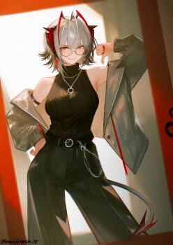 1girl absurdres antenna_hair arknights arm_strap arm_up baggy_pants belt bespectacled black_pants black_sweater closed_mouth commentary contrapposto demon_horns demon_tail feet_out_of_frame glasses grey_hair grey_jacket hand_on_own_hip highres horns jacket jewelry light_smile looking_at_viewer mourningrain_sr nail_polish necklace off_shoulder open_clothes open_jacket orange_eyes pants red_horns red_nails short_hair solo sweater sweater_tucked_in tail thumbs_down turtleneck turtleneck_sweater twitter_username w_(arknights)