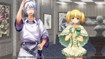 1boy 1girl :d ^_^ aleph_coulson art_gallery atelier-moo belt black_belt blonde_hair bow breasts bridal_gauntlets capelet choker clenched_hands closed_eyes closed_mouth collarbone company_name copyright_notice corset cowboy_shot elbow_gloves game_cg gloves green_bow green_capelet green_choker green_eyes green_shirt grey_pants hair_between_eyes hand_on_own_hat hand_on_own_hip hand_up hat head_tilt indoors key large_variant_set long_shirt looking_at_viewer maria_short medium_hair miniskirt non-web_source official_art open_mouth painting_(object) pants picture_frame purple_hat purple_shirt shirt short_hair short_twintails skirt small_breasts smile standing statue strapless strapless_shirt striped_hat thighs three-quarter_sleeves tile_wall tiles twintails variant_set white_hair yellow_gloves yuukyuu_gensoukyoku yuukyuu_gensoukyoku_revival