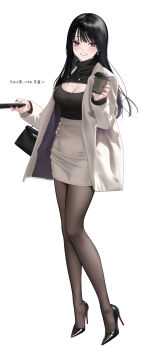 1girl abab_xiaxia black_hair black_pantyhose black_sweater blush breasts cellphone cleavage cleavage_cutout clothing_cutout coat cup disposable_coffee_cup disposable_cup earrings full_body high_heels highres holding holding_cup holding_phone jewelry large_breasts long_hair long_sleeves looking_at_viewer necklace open_mouth original pantyhose pencil_skirt phone purple_eyes purple_nails shoes simple_background skirt smartphone smile solo sweater white_background white_coat white_skirt