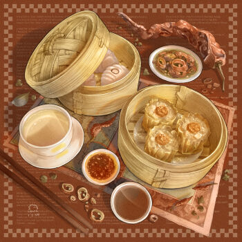 absurdres bamboo_steamer chili_pepper cup drink dumpling english_text food food_focus food_request highres lenta original plate sauce saucer tea