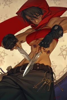 1girl abs bare_shoulders belt black_gloves black_hair breasts dark-skinned_female dark_skin dual_wielding dungeons_&amp;_dragons dungeons_&amp;_dragons:_chronicles_of_mystara fingerless_gloves gloves highres holding holding_knife key knife moriah_(chronicles_of_mystara) morry muscular muscular_female short_hair solo underboob