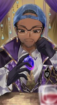 1boy aj_beckles backwards_hat baseball_cap black_eyes black_gloves black_hair blue_hat collared_shirt cosplay cup curtains dark-skinned_male dark_skin earrings facial_hair gem glasses gloves hand_on_own_cheek hand_on_own_face hat highres holding holding_gem honkai:_star_rail honkai_(series) jewelry kanako_(fuwachu) long_sleeves looking_at_another male_focus necktie purple_vest shirt solo sugilite_(honkai:_star_rail) sugilite_(stoneheart&#039;s_oath_ring)_(honkai:_star_rail) table vest voice_actor_connection white_shirt yellow_necktie