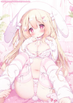 1girl animal_hat barefoot blonde_hair blush bow bow_bra bra breasts cleavage commentary_request copyright_notice frilled_bra frills full_body hair_between_eyes hands_up hat knees_up large_breasts leg_warmers long_hair long_sleeves looking_at_viewer momozu_komamochi navel original panties parted_lips pink_bow pink_bra pink_panties pink_thighhighs rabbit_hat red_eyes sitting solo striped_clothes striped_thighhighs thighhighs toes underwear white_hat