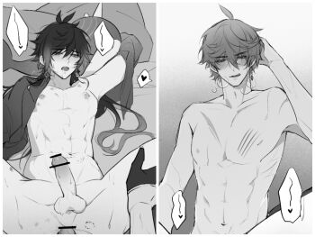 10351184 2boys anal arm_behind_head bite_mark bite_mark_on_breast bite_mark_on_thigh bite_marks blush drooling genshin_impact greyscale hand_on_another&#039;s_thigh heart highres licking_lips looking_at_viewer male_penetrated monochrome multiple_boys nipples saliva scratches sex speech_bubble spread_legs tartaglia_(genshin_impact) tongue tongue_out yaoi zhongli_(genshin_impact)