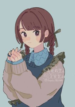 1girl blue_background blue_nails blue_shirt blue_sweater braid brown_eyes brown_hair brown_sweater collared_shirt coyagi dot_nose fingernails frilled_sleeves frills green_ribbon hair_ribbon hands_up highres interlocked_fingers long_hair long_sleeves looking_at_viewer nail_polish original parted_bangs ribbon shirt shirt_under_sweater simple_background smile solo sweater twin_braids upper_body watermark