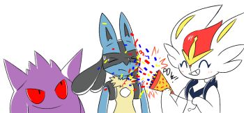 >_< 1boy 1girl :t ^_^ animal_ears animal_hands animal_nose arms_at_sides black_eyes black_fur blue_fur blush body_fur cinderace closed_eyes closed_mouth colored_sclera confetti english_text flat_chest flat_color furry furry_female furry_male gen_1_pokemon gen_4_pokemon gen_8_pokemon gengar grin hands_up happy holding holding_party_popper j.jama light_blush looking_at_another lucario multicolored_fur nintendo party_popper pokemon pokemon_(creature) rabbit_ears rabbit_girl red_hair red_sclera short_hair simple_background smile snout spikes standing sweat teeth two-tone_fur upper_body white_background white_fur wolf_boy wolf_ears yellow_fur
