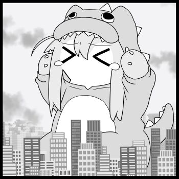 >_< 1girl absurdres arms_up black_border bocchi_the_rock! border building city closed_eyes commentary_request cosplay giant giantess godzilla godzilla_(cosplay) gotoh_hitori greyscale hair_between_eyes highres hood hood_up kaiju kigurumi korean_commentary long_sleeves monochrome no_mouth outdoors side_ahoge sidelocks sitting sky skyscraper solo toho vector_(dmlddmld00)