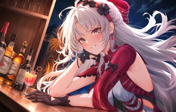 1girl black_gloves bottle bow breasts carlotta_(wuthering_waves) commentary cup drinking_glass earrings from_side gloves grey_eyes hair_bow hairband hand_up jacket jewelry light_blush long_hair looking_at_viewer looking_to_the_side medium_breasts meul night night_sky parted_lips pink_bow pink_hairband pink_jacket sidelocks sky smile solo striped_bow upper_body white_hair wuthering_waves